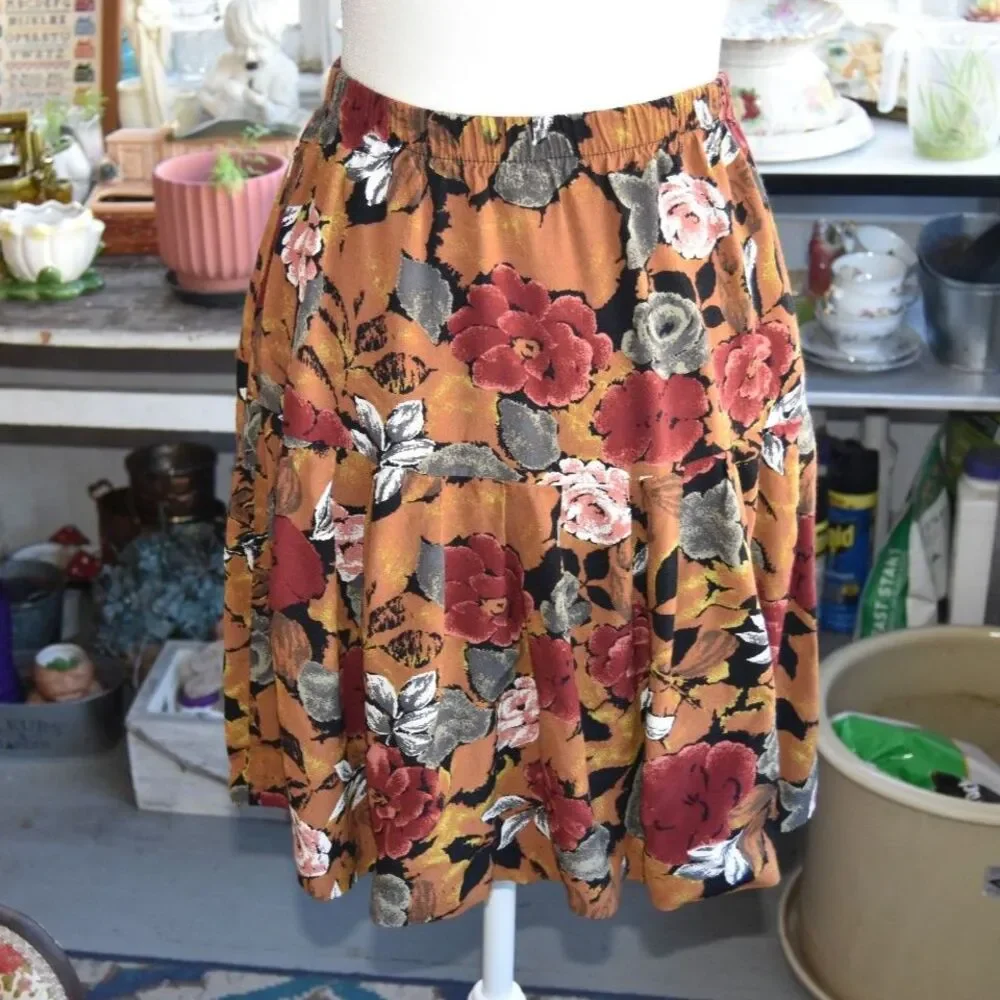 Vintage 90s Floral Rayon Skirt XS-M Rust Brown Rose Grunge Midi